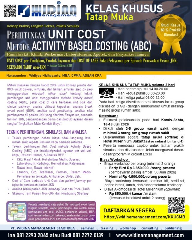 Kelas Khusus Tatap Muka Perhitungan Unit Cost (ABC) & Cost of Care, 16-18 Juli 2026 Kelas Khusus Tatap Muka Perhitungan Unit Cost (ABC) & Cost of Care, 16-18 Juli 2026